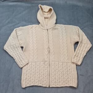 Cable Knit Full Zip Hooded Cardigan Emerald Design Wool Heavy Womens L